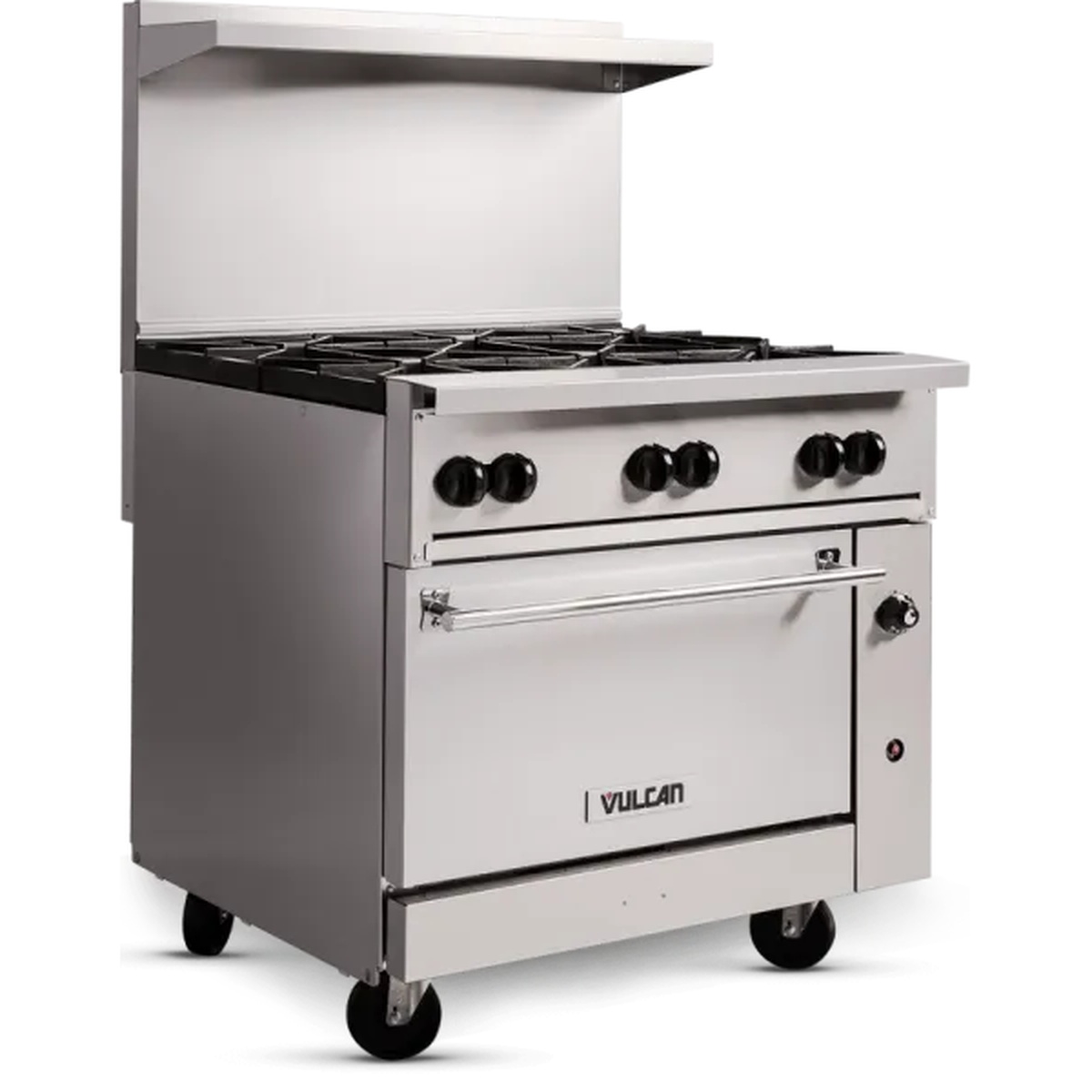 Wolf by Vulcan commercial gas range three-quarter angle view showing stainless steel construction and oven base