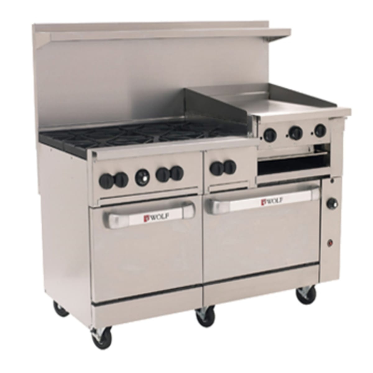 Wolf Challenger XL 60 inch gas range with six open burners, raised griddle-broiler, and double oven base