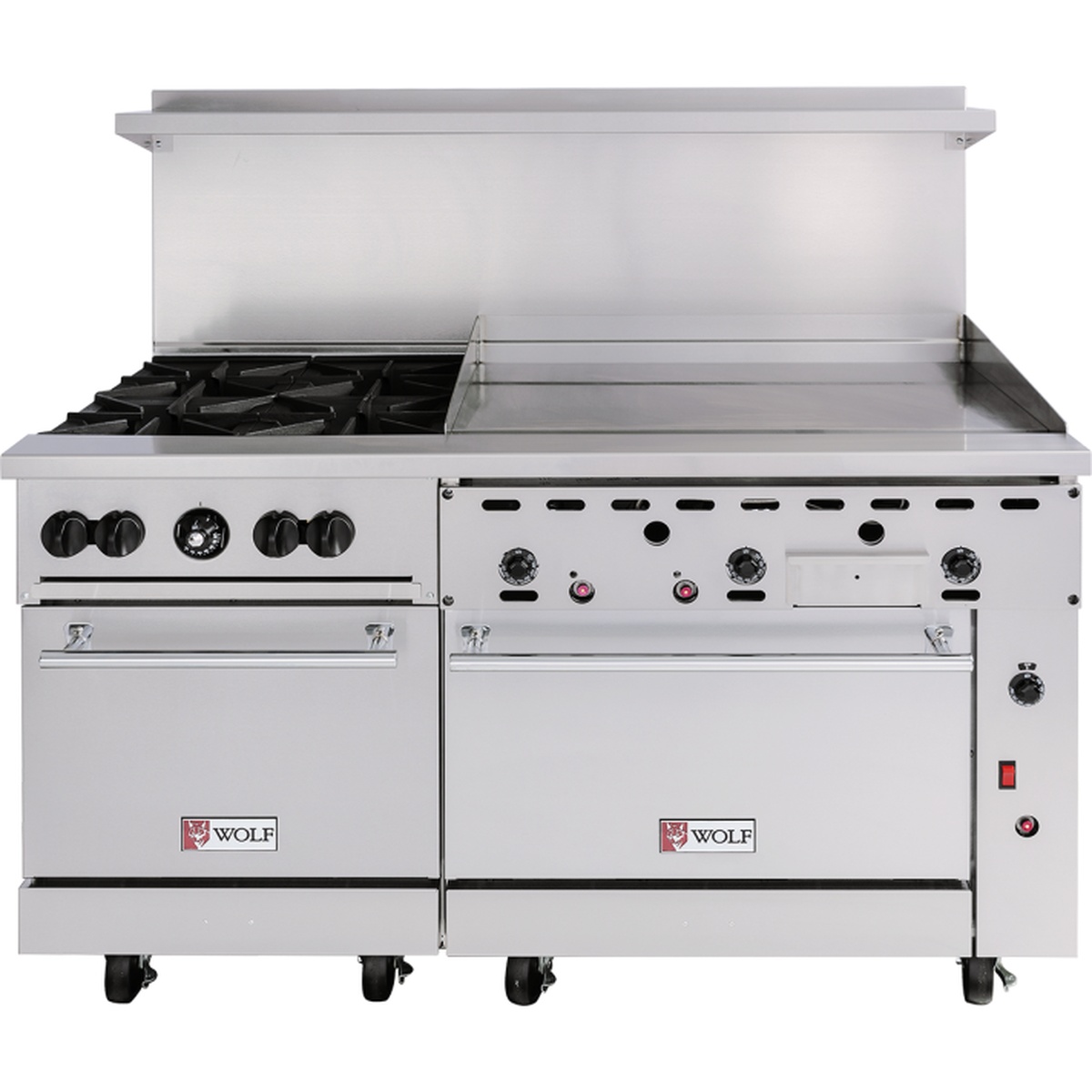 Wolf Challenger XL 60-inch gas range with six open top burners, 24-inch griddle, and double standard ovens in stainless steel