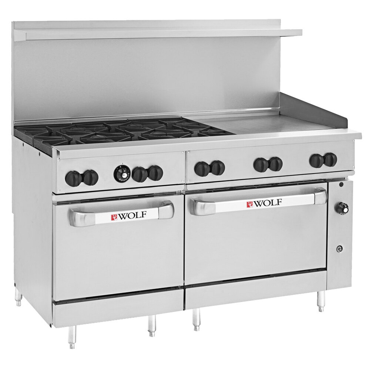 Wolf C60SS-6B24GP 60-inch commercial range with 6 open-top burners, 24-inch right-side griddle, and two standard ovens