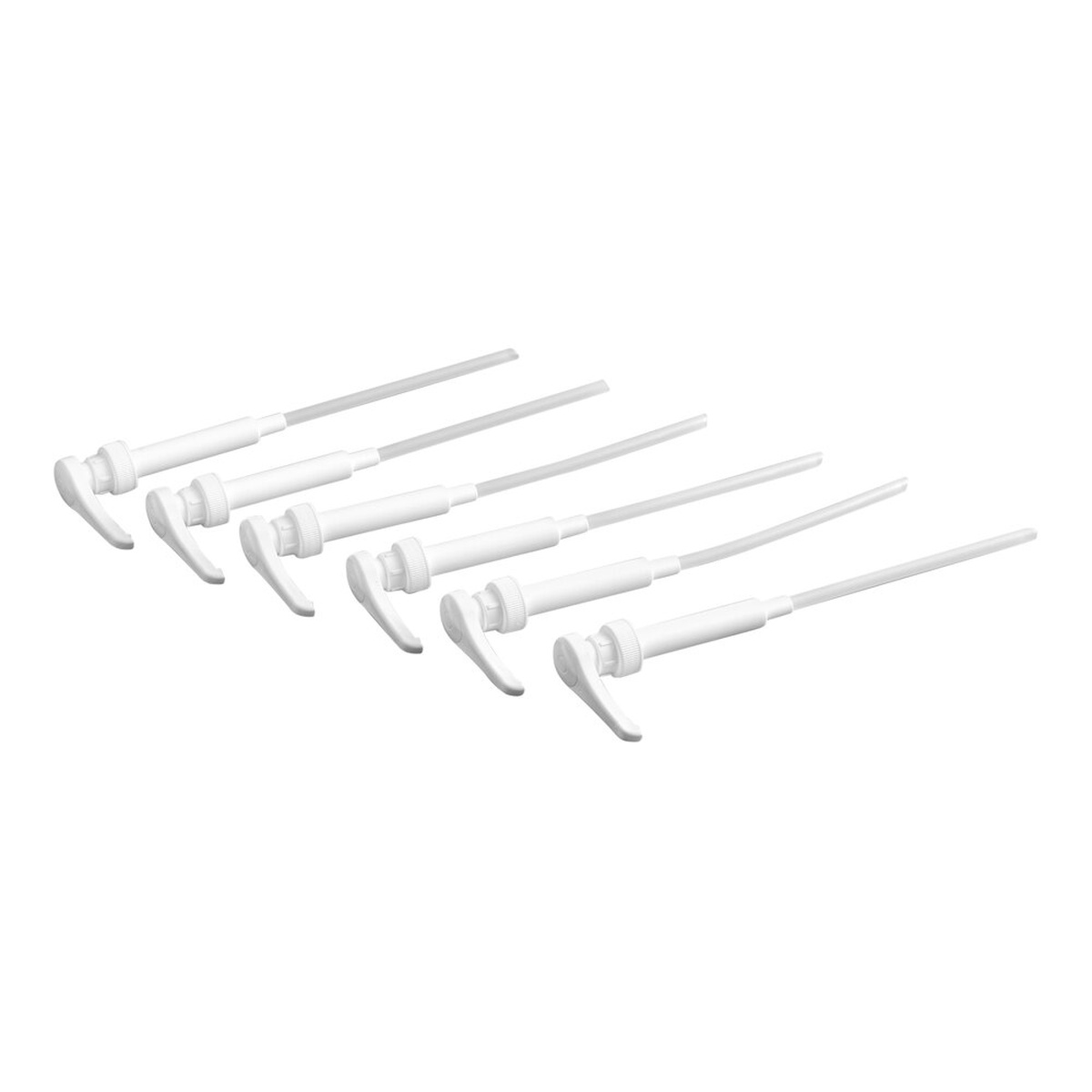 Six white TableCraft C66128 polypropylene syrup pumps with long dip tubes arranged in a row on white background