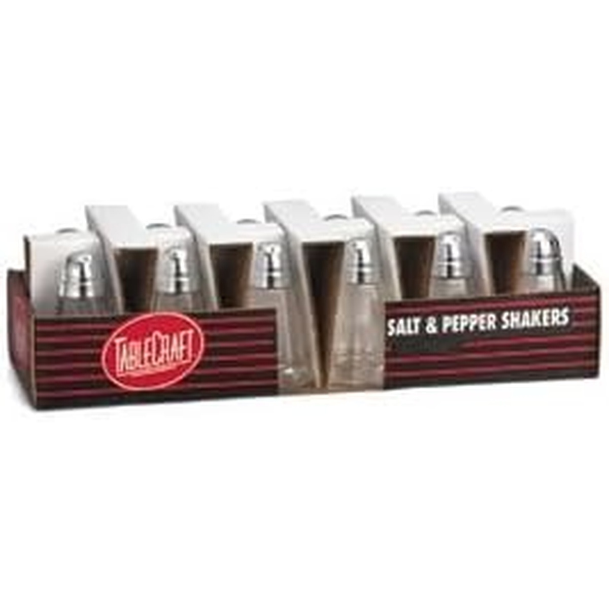 Tablecraft C80-12 Salt and Pepper Shakers display pack of 12 with paneled glass bodies and chrome tops