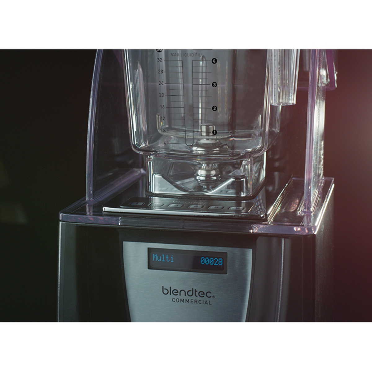 Blendtec Connoisseur 825 blender jar seated on the base inside the sound enclosure