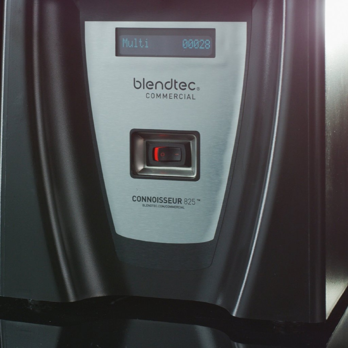 Close-up of Blendtec Connoisseur 825 front panel with LCD display and power switch