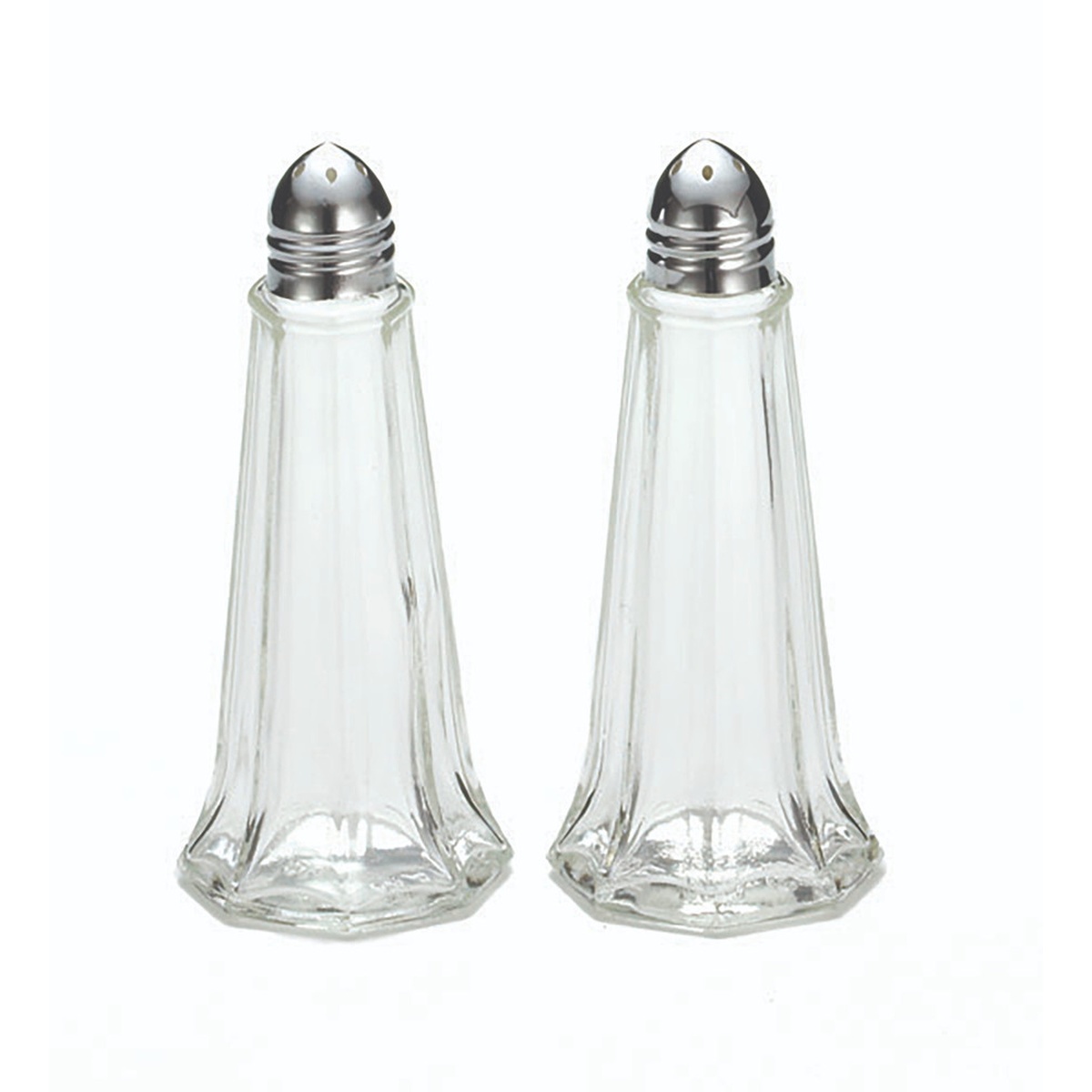 Two TableCraft C83-12 Eiffel Tower clear glass salt and pepper shakers with chrome tops on white background