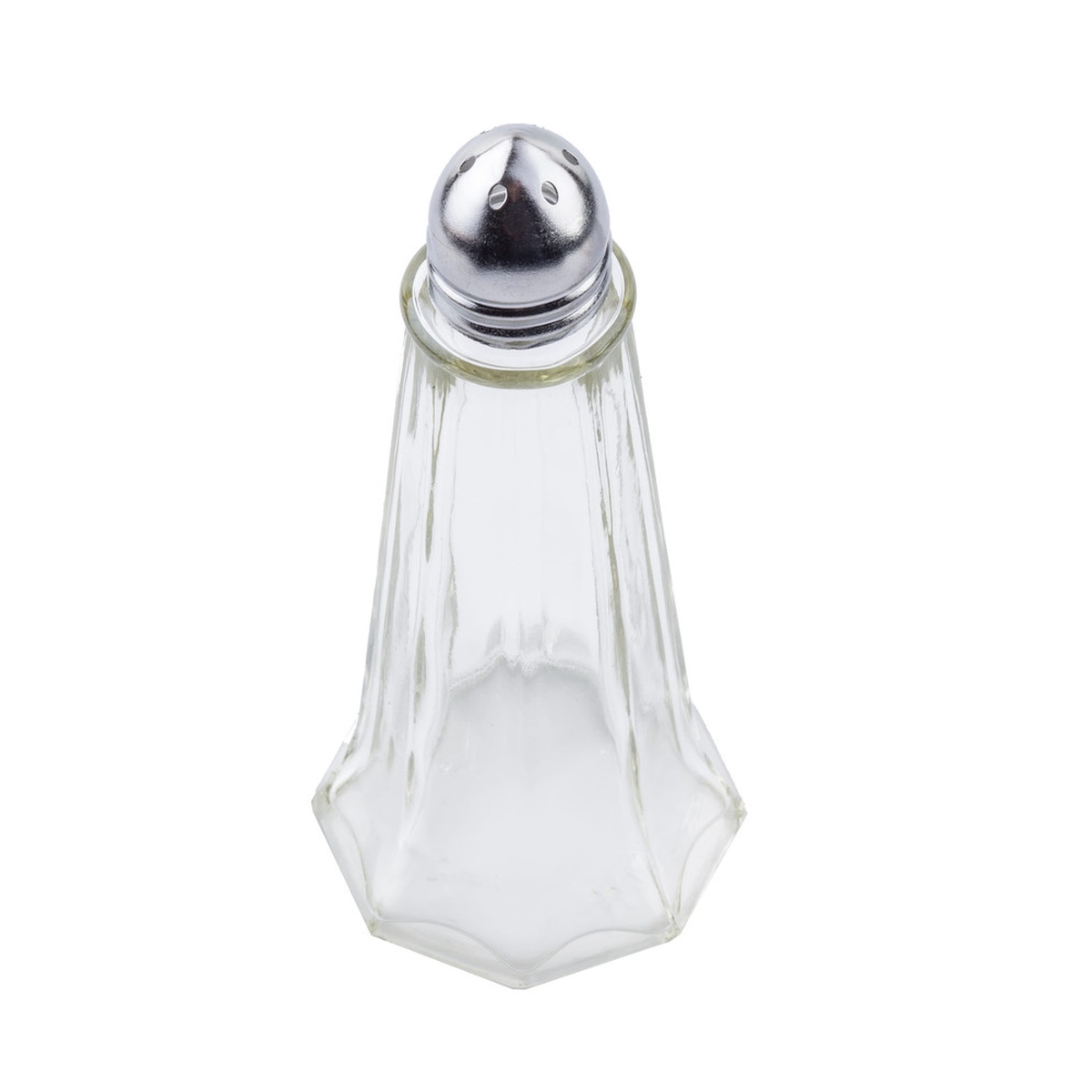 Close-up of a single TableCraft C83-12 Eiffel Tower glass shaker showing paneled body and metal dome top with dispensing holes