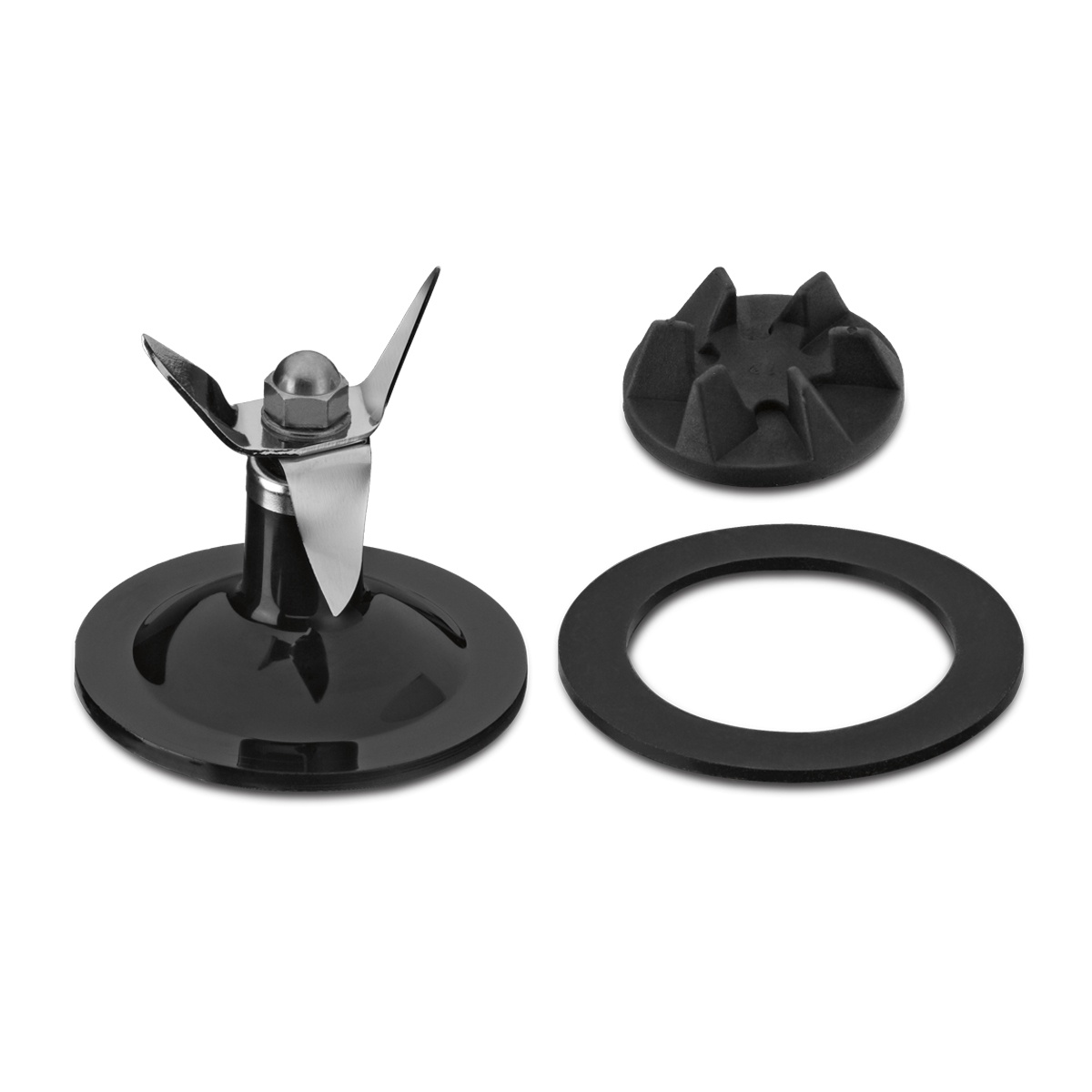 Waring CAC102 Blender Blade Repair Kit showing stainless steel blade assembly, rubber coupling, and gasket ring on white background