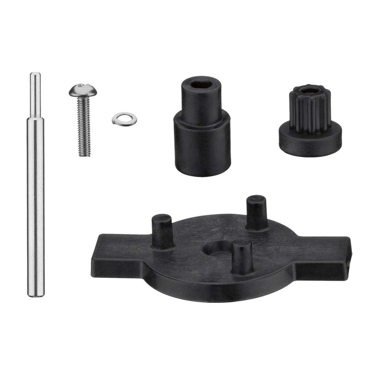Waring CAC104 drive coupling replacement kit showing shaft rod, screw, washer, two coupling pieces, and drive plate on white background