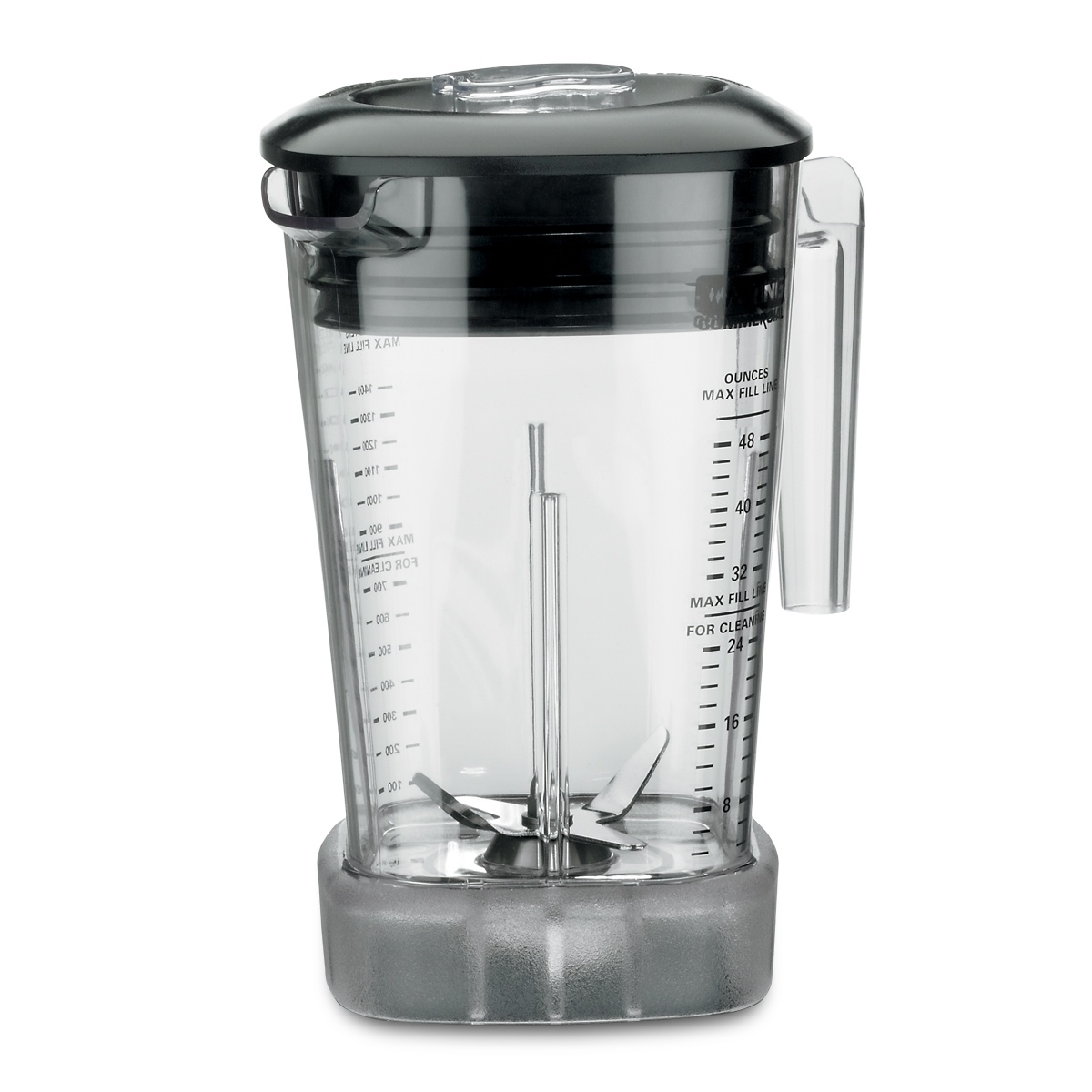Waring CAC93X clear blender container with black lid, handle, measurement marks, and blade