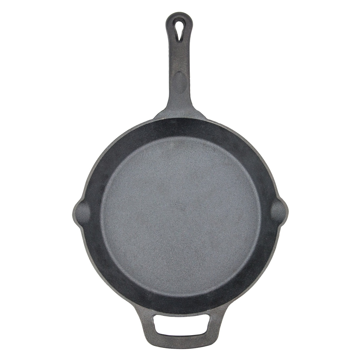 Winco CAST-10 10-inch FireIron pre-seasoned cast iron skillet with helper handle, top-down view on white background