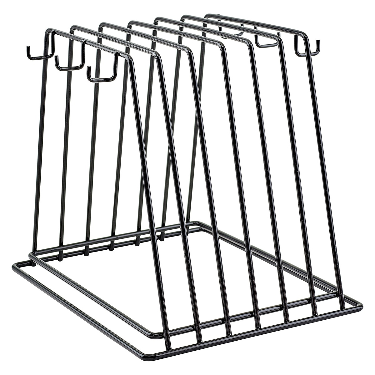 Winco CB-6K black vinyl-coated wire cutting board rack with 6 slots and side hanging hooks