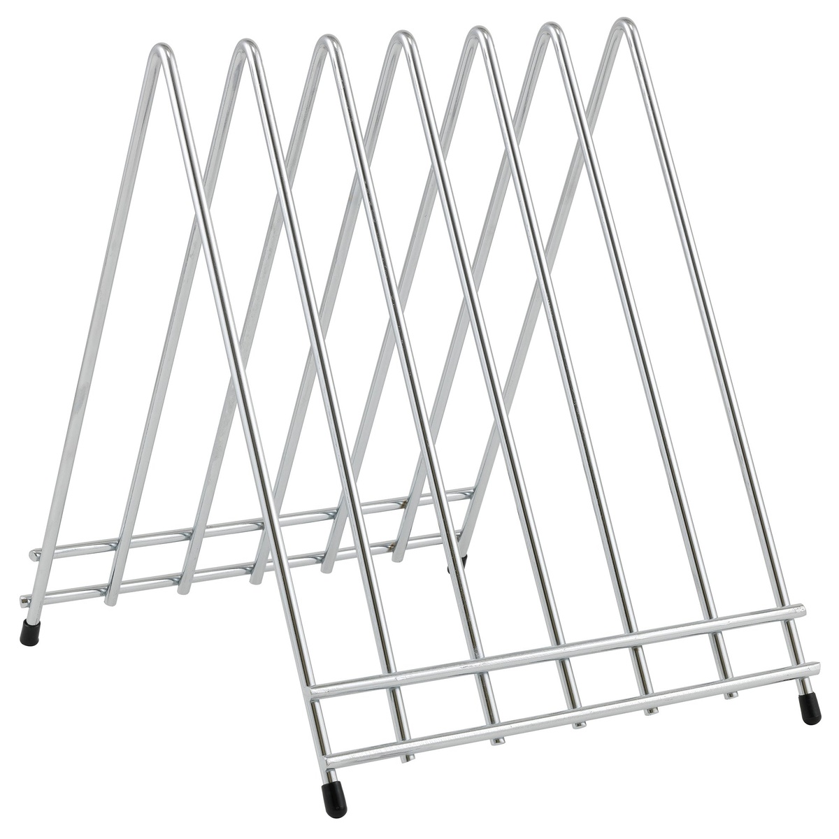Winco CB-6L chrome-plated wire cutting board rack with 6 triangular slots and rubber feet