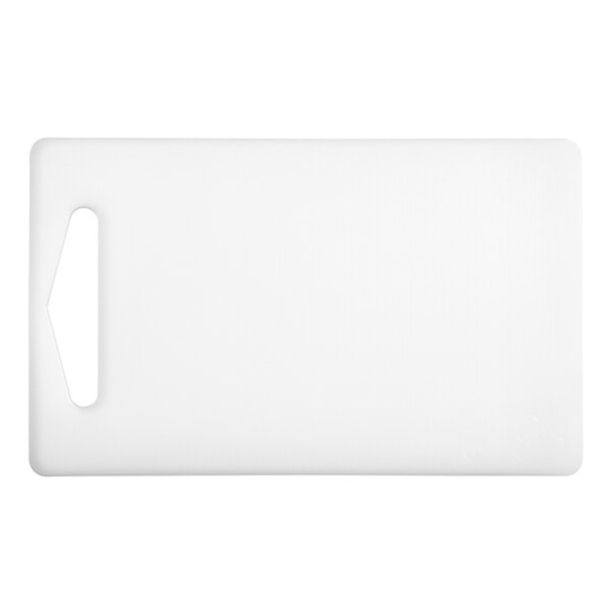 White polyethylene cutting board with built-in handle cutout, 10 inches long by 6 inches wide