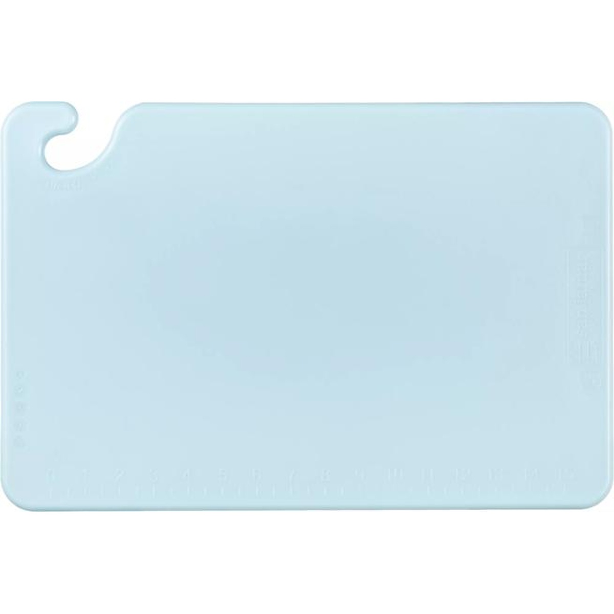 San Jamar Cut-N-Carry blue cutting board front view showing Food Safety Hook and molded-in ruler