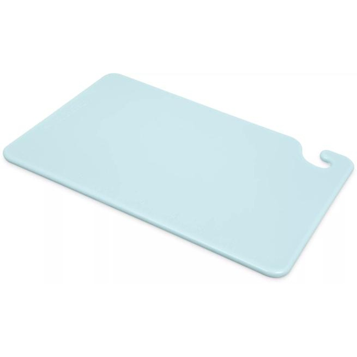 San Jamar Cut-N-Carry blue cutting board angled view showing Food Safety Hook cutout and smooth surface
