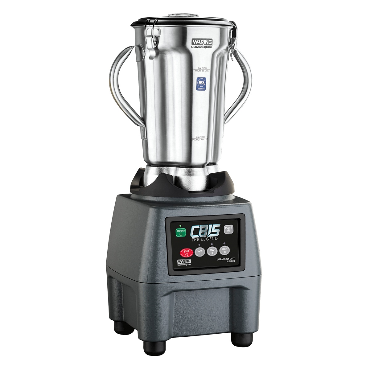 Angled view of Waring CB15 blender showing stainless steel jar, lid clamps, and countertop base
