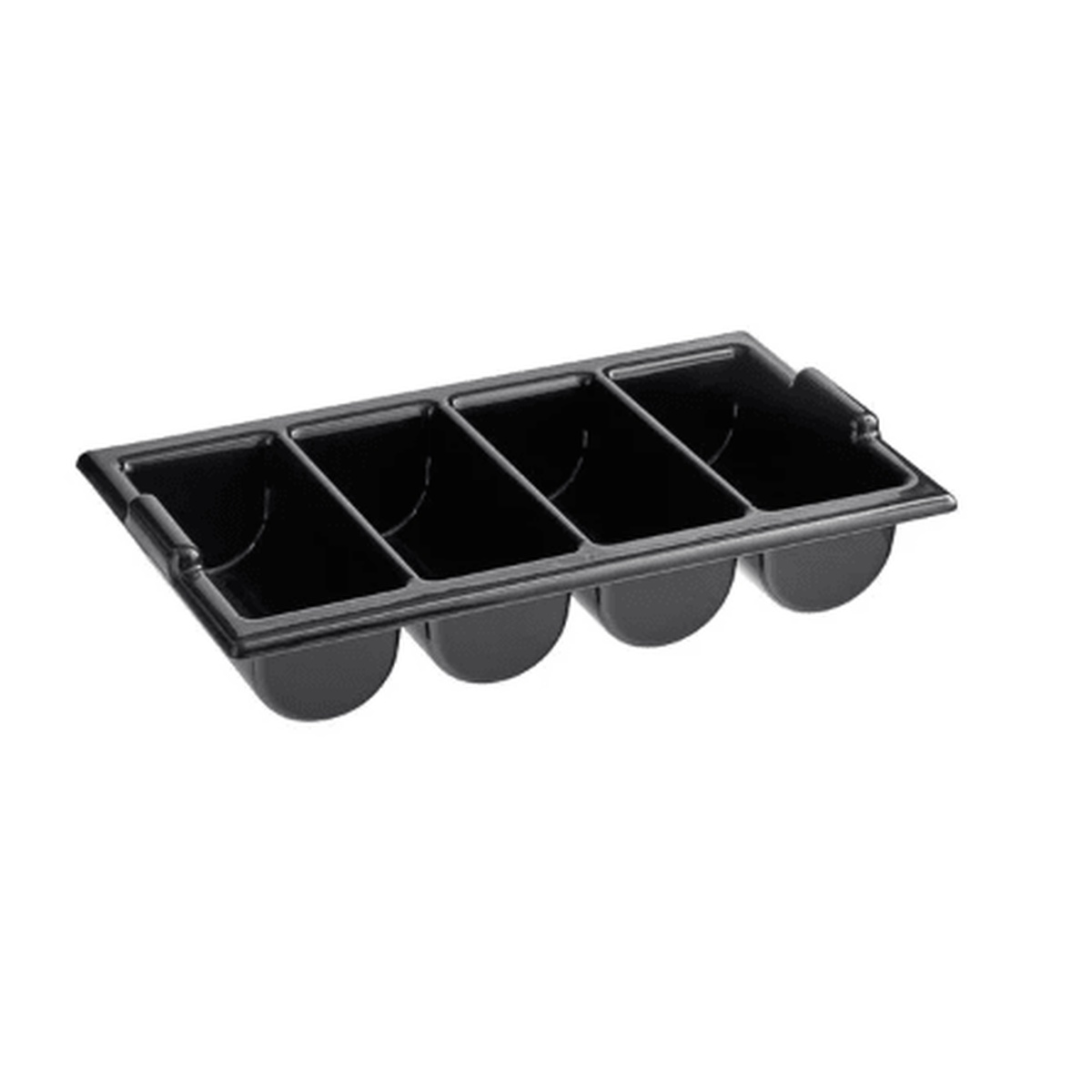 CB4BK black plastic 4-compartment cutlery bin viewed from above at an angle