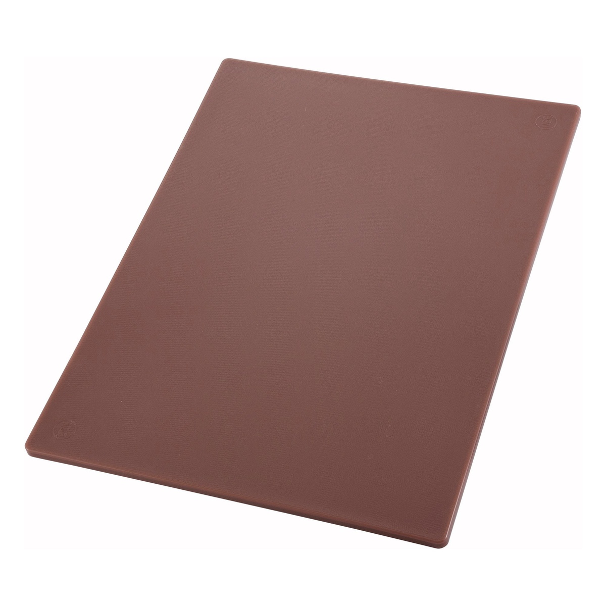 Winco CBBN-1520 brown polyethylene cutting board angled view showing thickness and rounded corners
