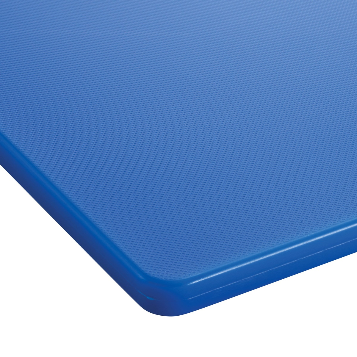 Close-up of the blue textured surface and rounded corner edge of the Winco CBBU-1824 cutting board