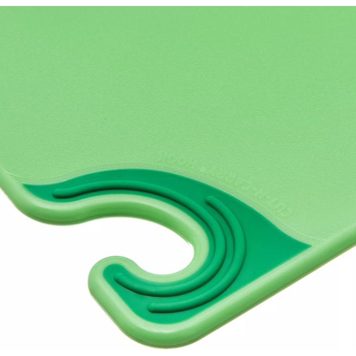 Close-up of San Jamar Saf-T-Grip anti-slip grip corner on green cutting board