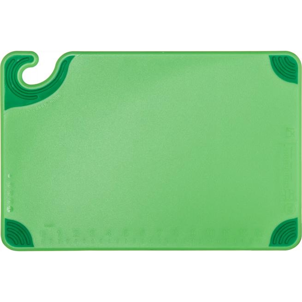 Top-down view of San Jamar Saf-T-Grip green cutting board showing food safety hook and molded ruler markings
