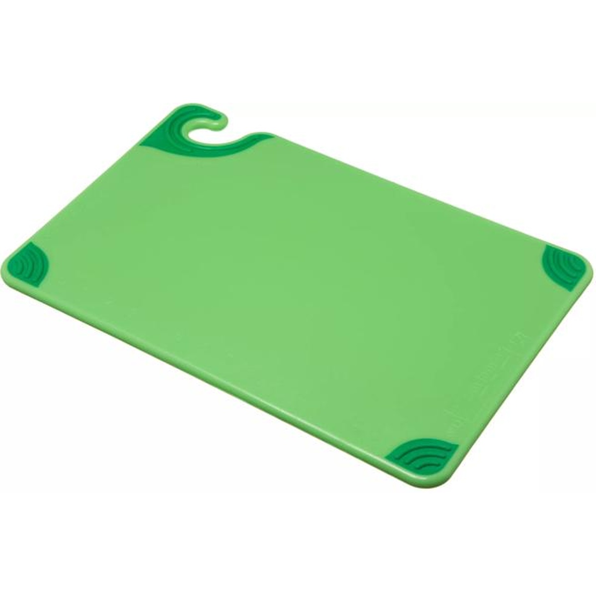San Jamar Saf-T-Grip green cutting board 12x18 inch angled view showing grip corners and food safety hook
