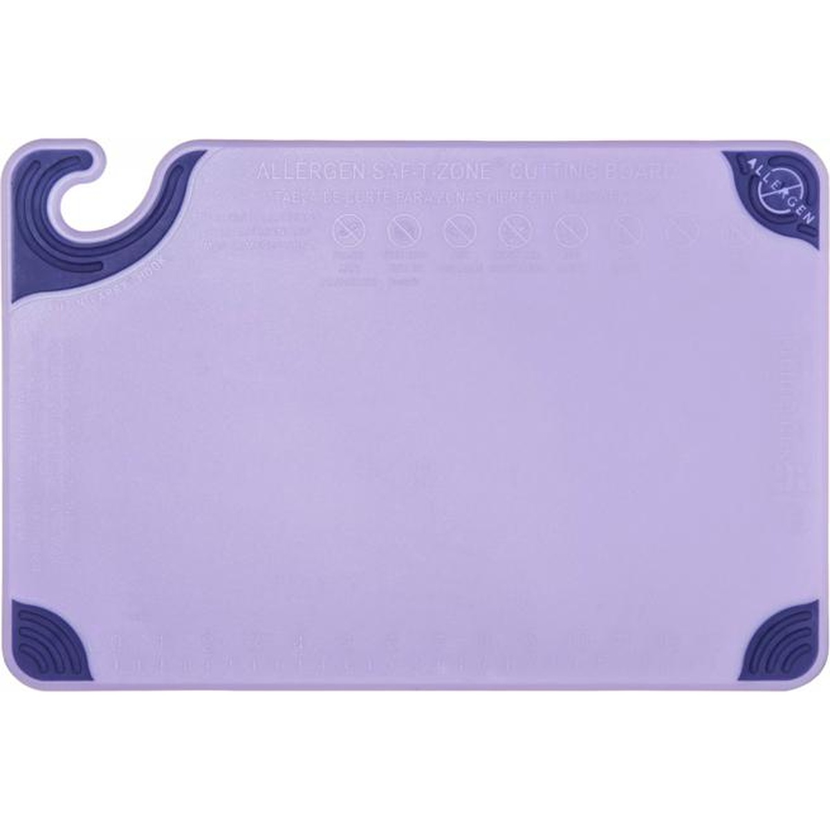 Back face of the San Jamar Allergen Saf-T-Zone purple cutting board displaying allergen labeling and anti-slip corner grips