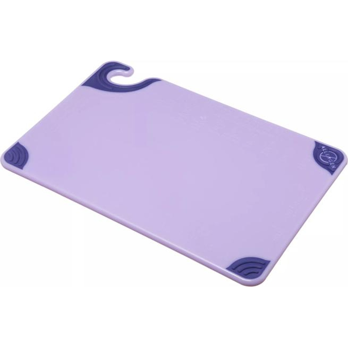 San Jamar Allergen Saf-T-Grip purple cutting board full view showing anti-slip corners and food safety hook