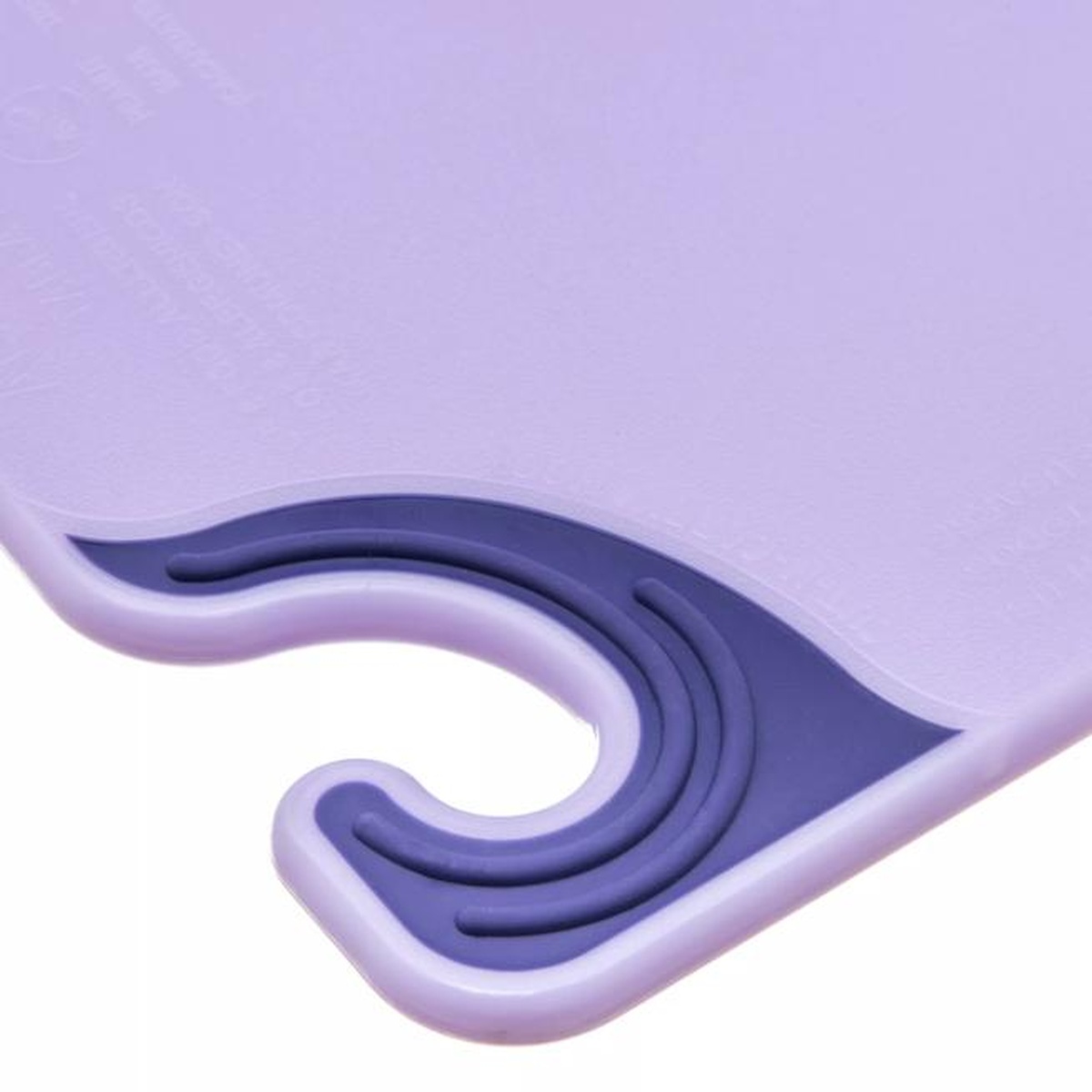 Close-up of the patented food safety hook and anti-slip rubberized corner on the purple Saf-T-Grip cutting board
