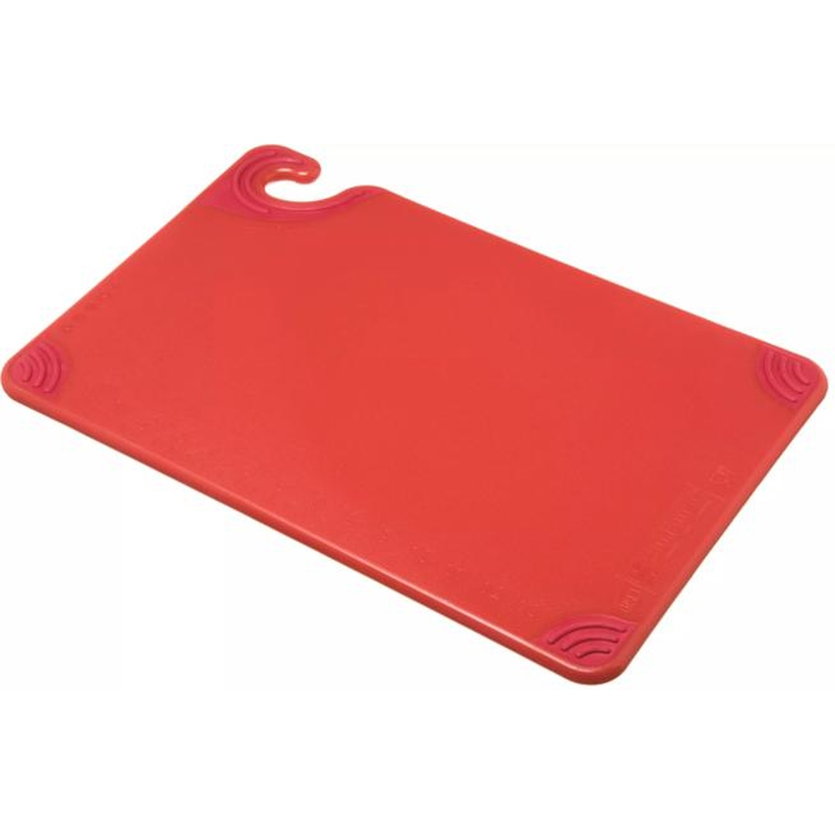 San Jamar Saf-T-Grip red cutting board angled view showing grip corners and food safety hook