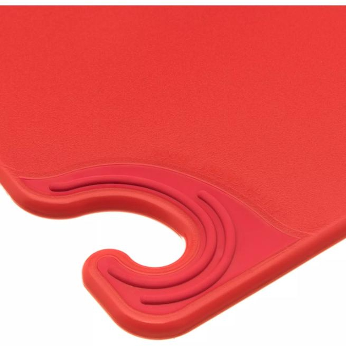 Close-up of the Saf-T-Grip food safety hook on the red cutting board corner