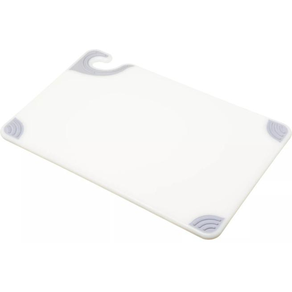 San Jamar Saf-T-Grip white cutting board angled perspective view showing grip corners and food safety hook
