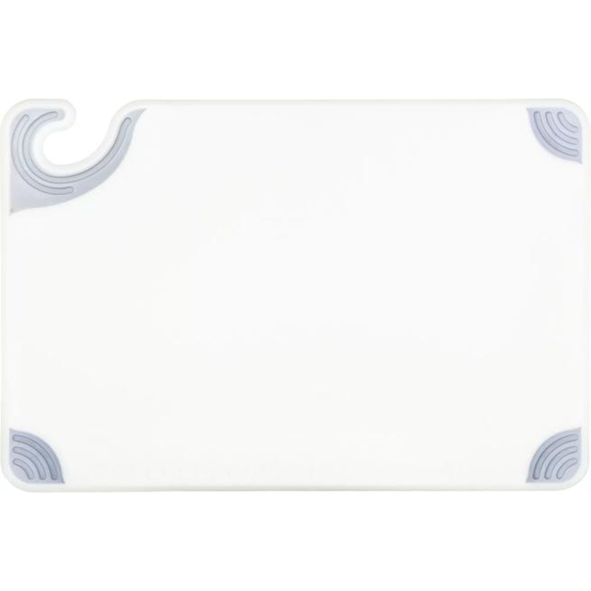 San Jamar Saf-T-Grip white cutting board front view showing food safety hook and anti-slip grip corners