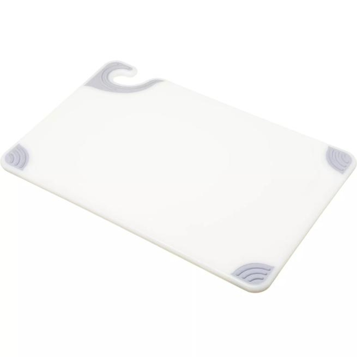 San Jamar Saf-T-Grip white cutting board angled view showing full board profile with grip corners and hook
