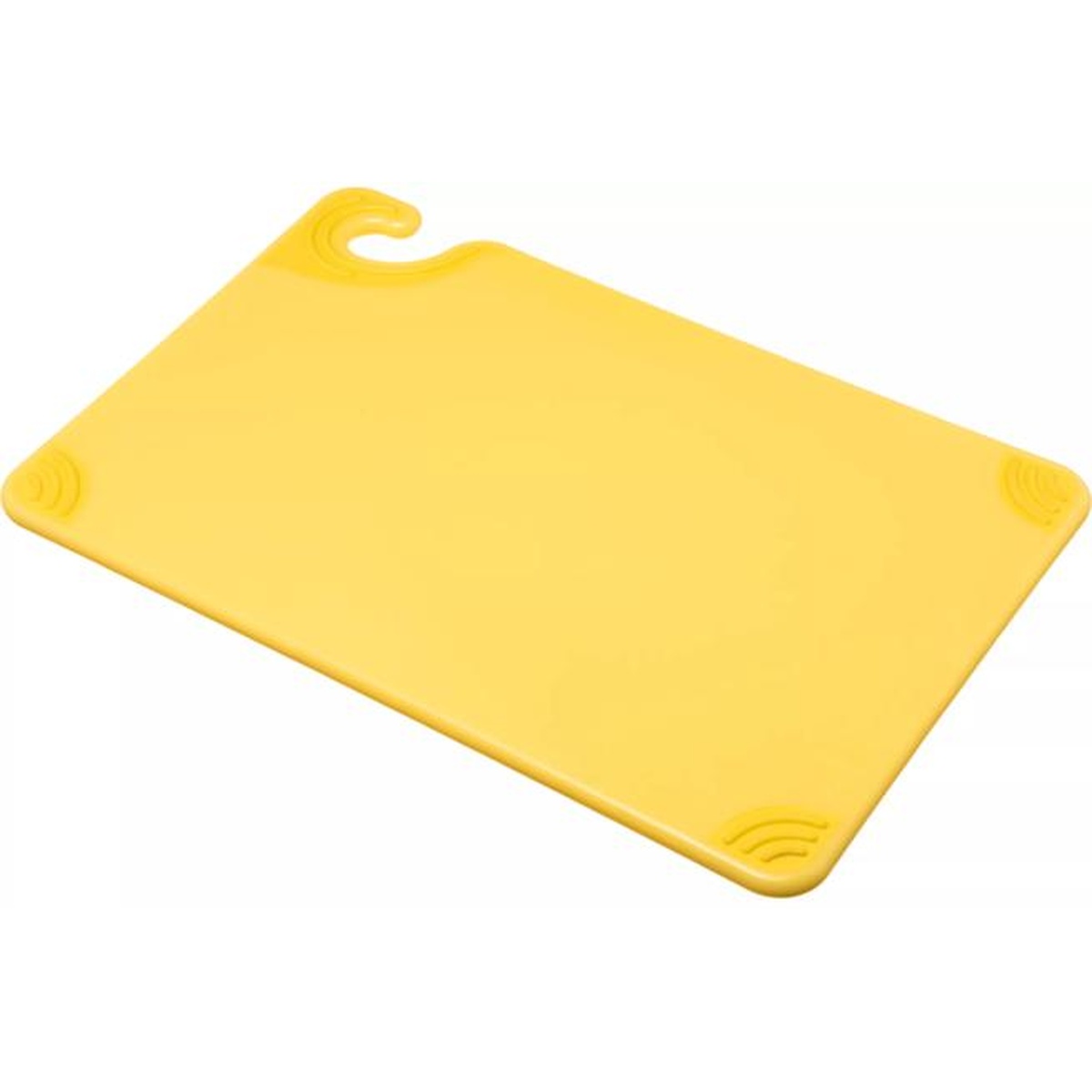 San Jamar Saf-T-Grip yellow cutting board angled view showing grip corners and food safety hook