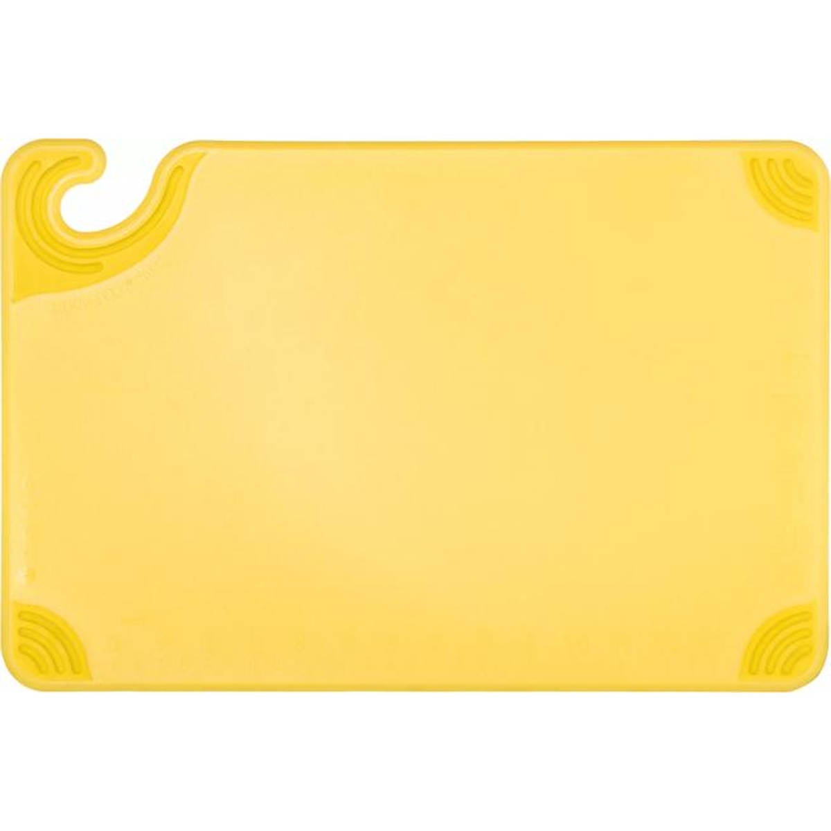 Top-down flat view of the San Jamar Saf-T-Grip yellow cutting board showing full surface and ruler markings