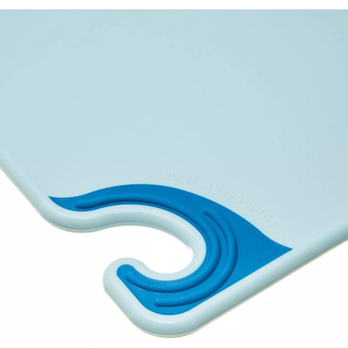 Close-up of San Jamar Saf-T-Grip food safety hook corner detail in blue