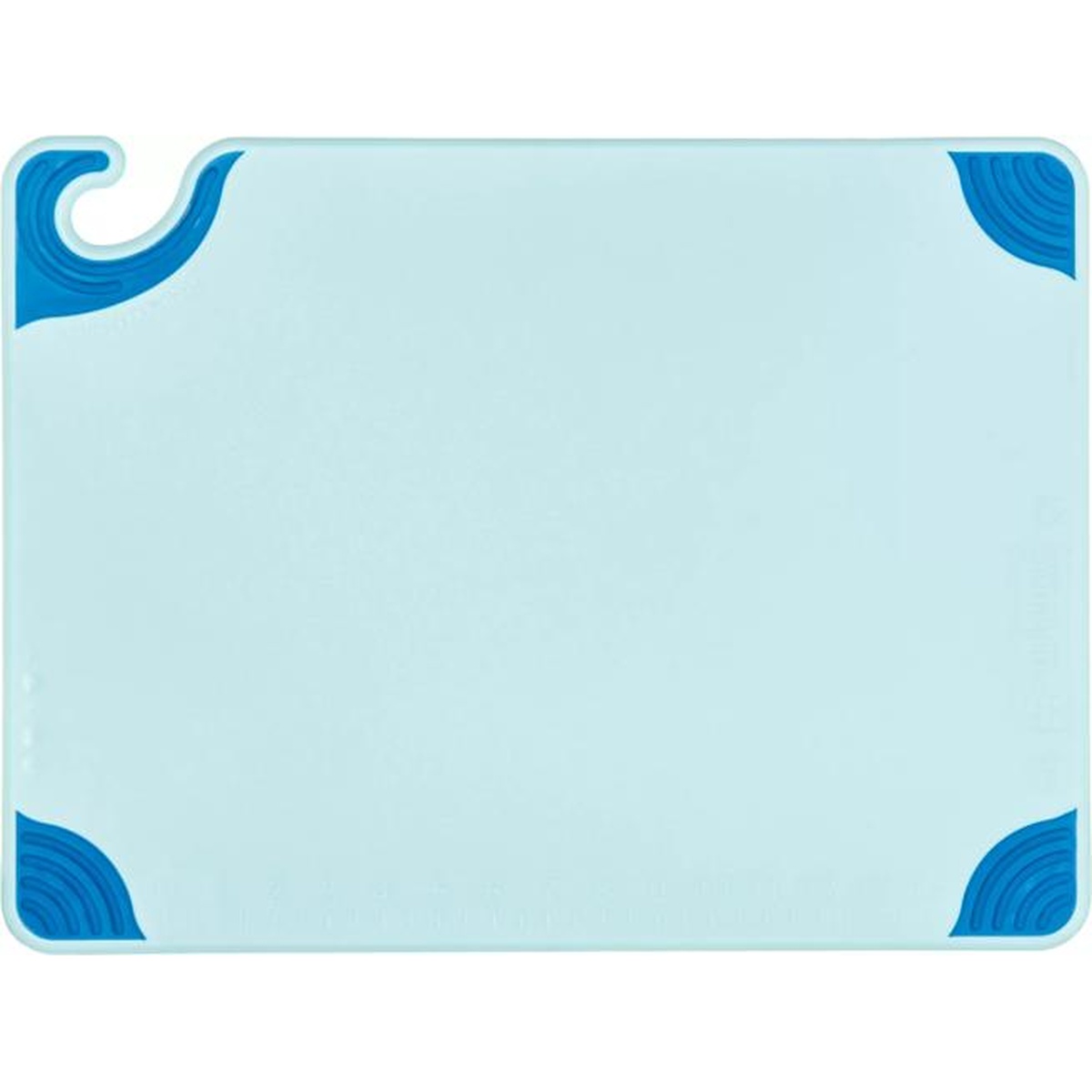 San Jamar Saf-T-Grip blue cutting board flat top-down view with food safety hook and grip corners visible