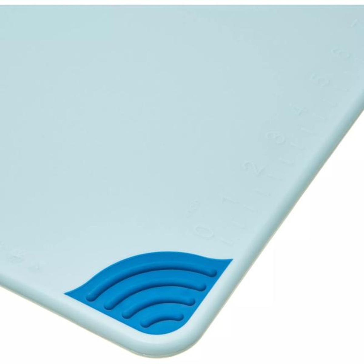 Close-up of San Jamar Saf-T-Grip blue anti-slip grip corner on cutting board