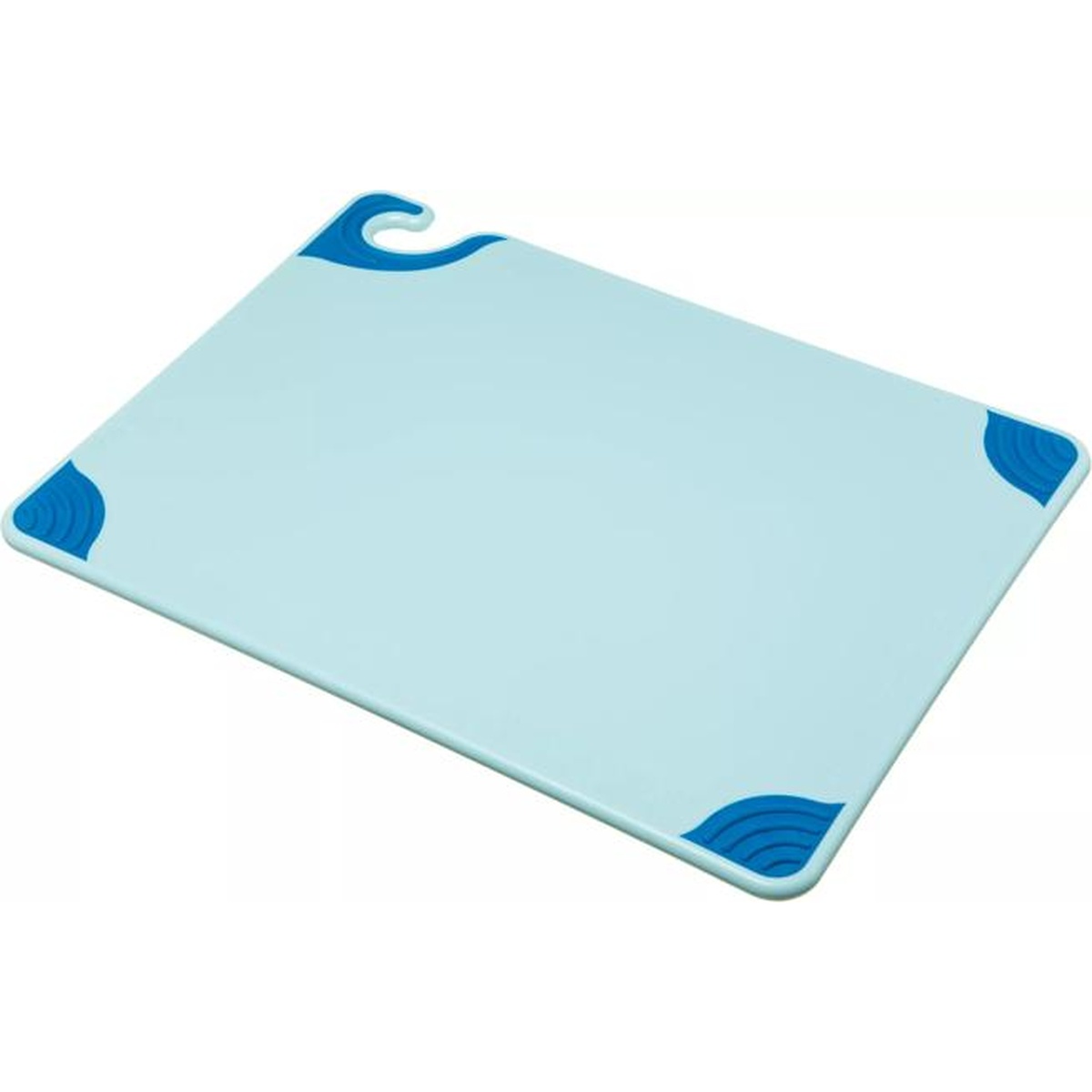 San Jamar Saf-T-Grip blue cutting board angled view showing anti-slip corners and food safety hook