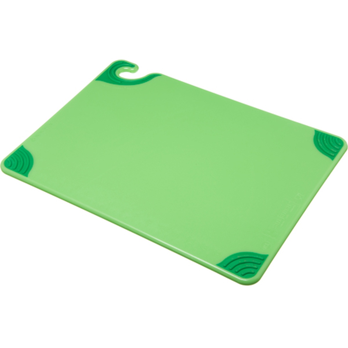 Carlisle Saf-T-Grip green cutting board with anti-slip grip corners and food safety hook