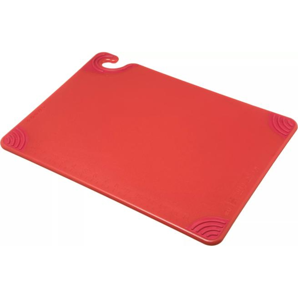 San Jamar Saf-T-Grip red cutting board 15x20 inch full angled view showing grip corners and hook
