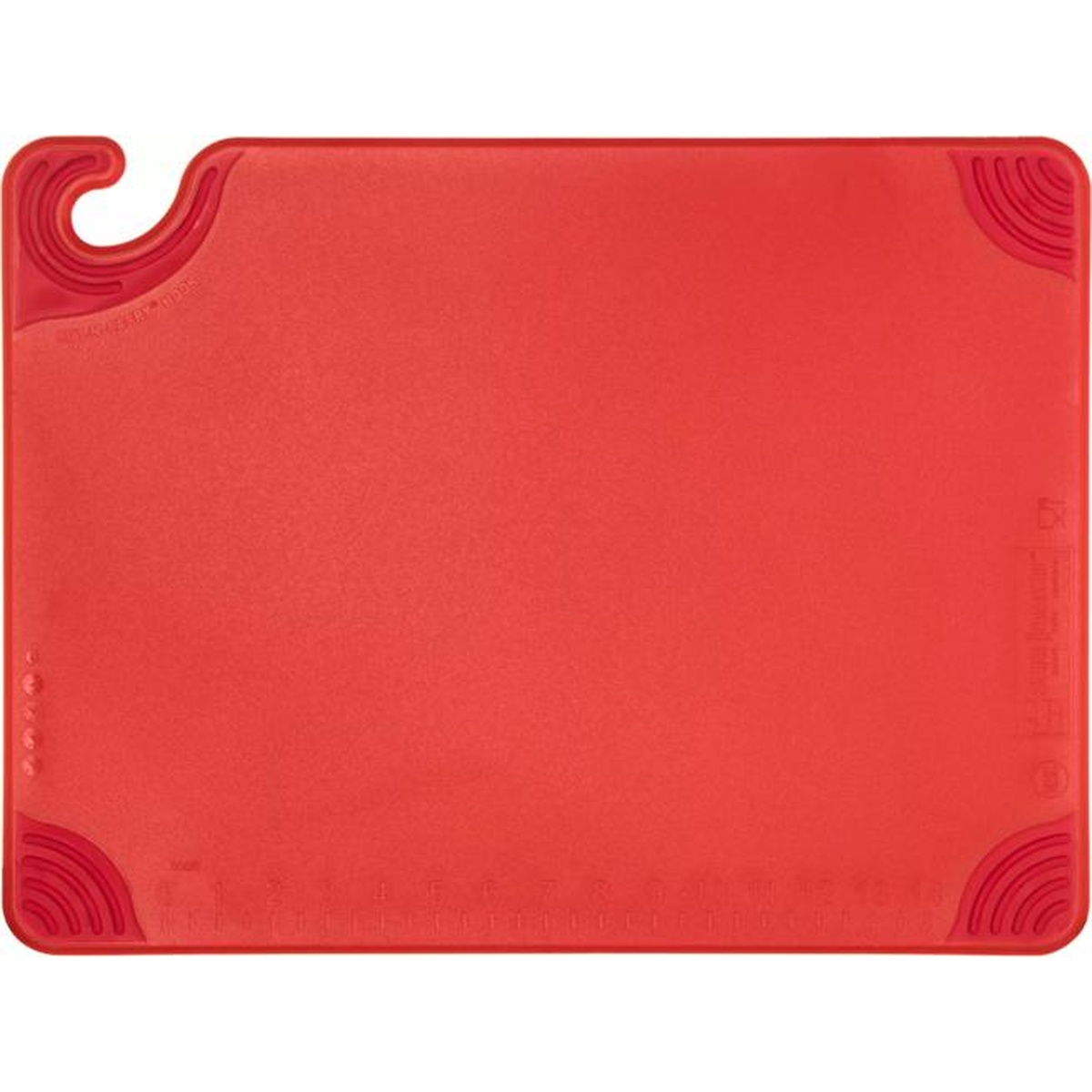 Front face of the San Jamar red cutting board showing molded-in ruler and anti-slip grip corners