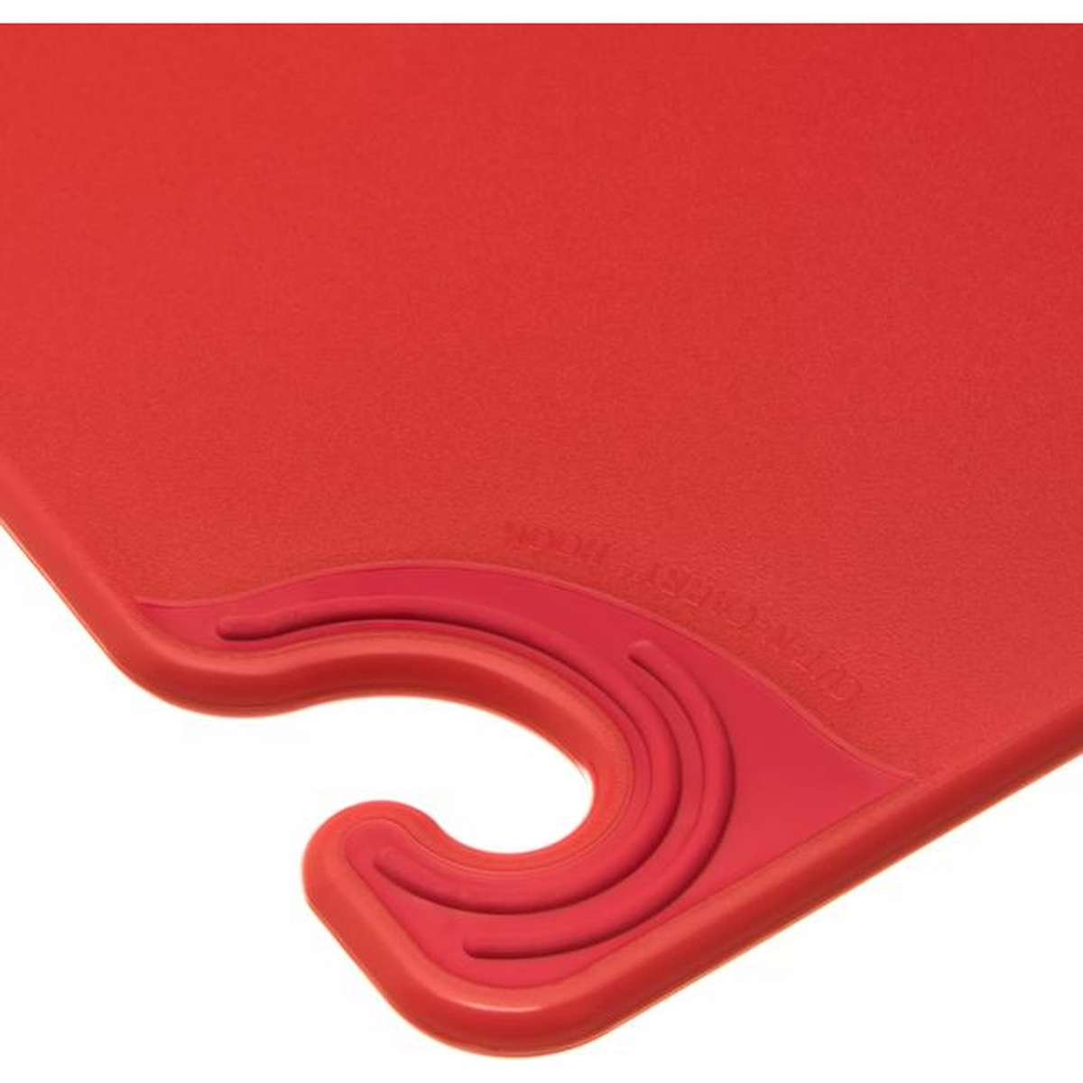 Close-up of the food safety hook corner on the San Jamar red cutting board