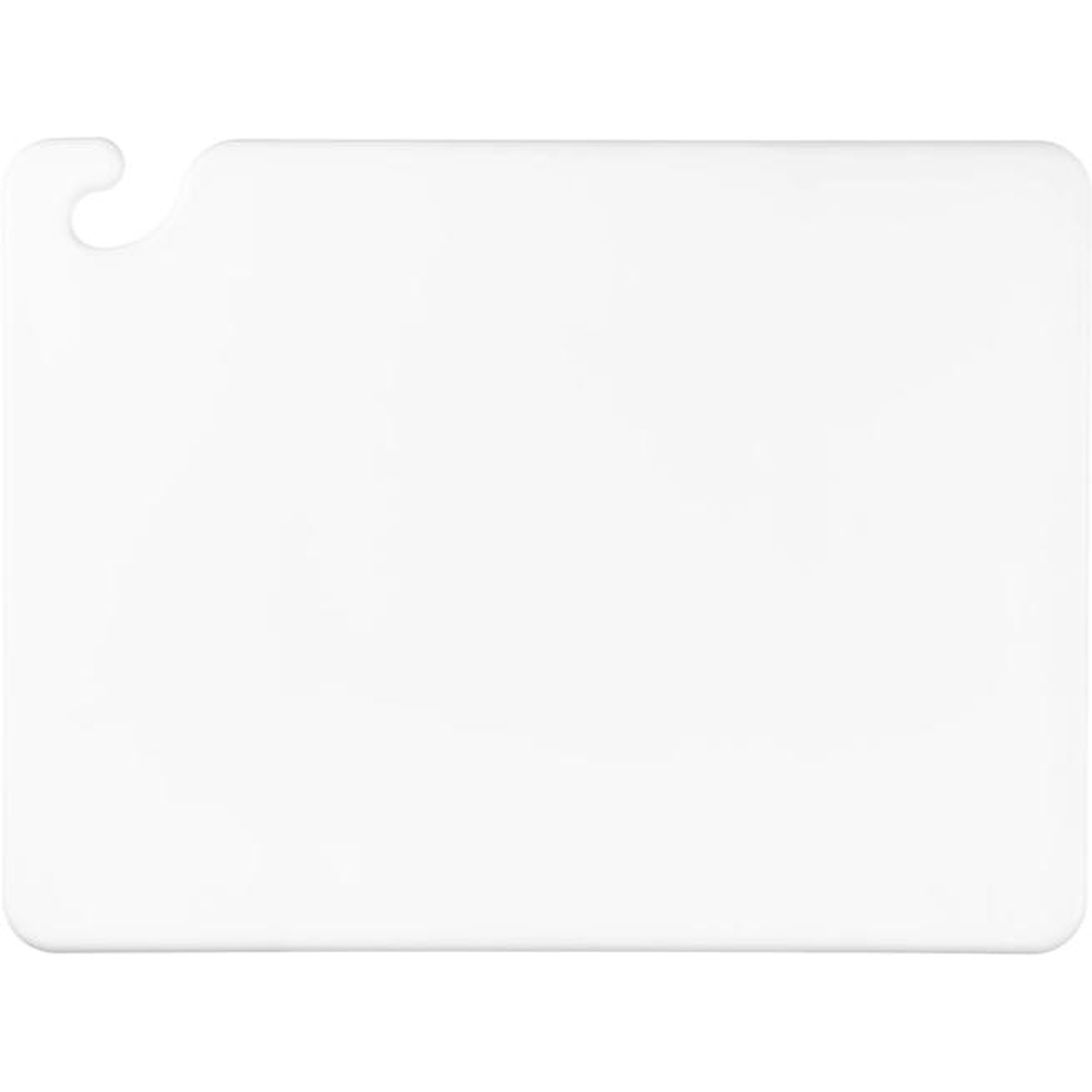 San Jamar white cutting board front view showing food safety hook in upper left corner