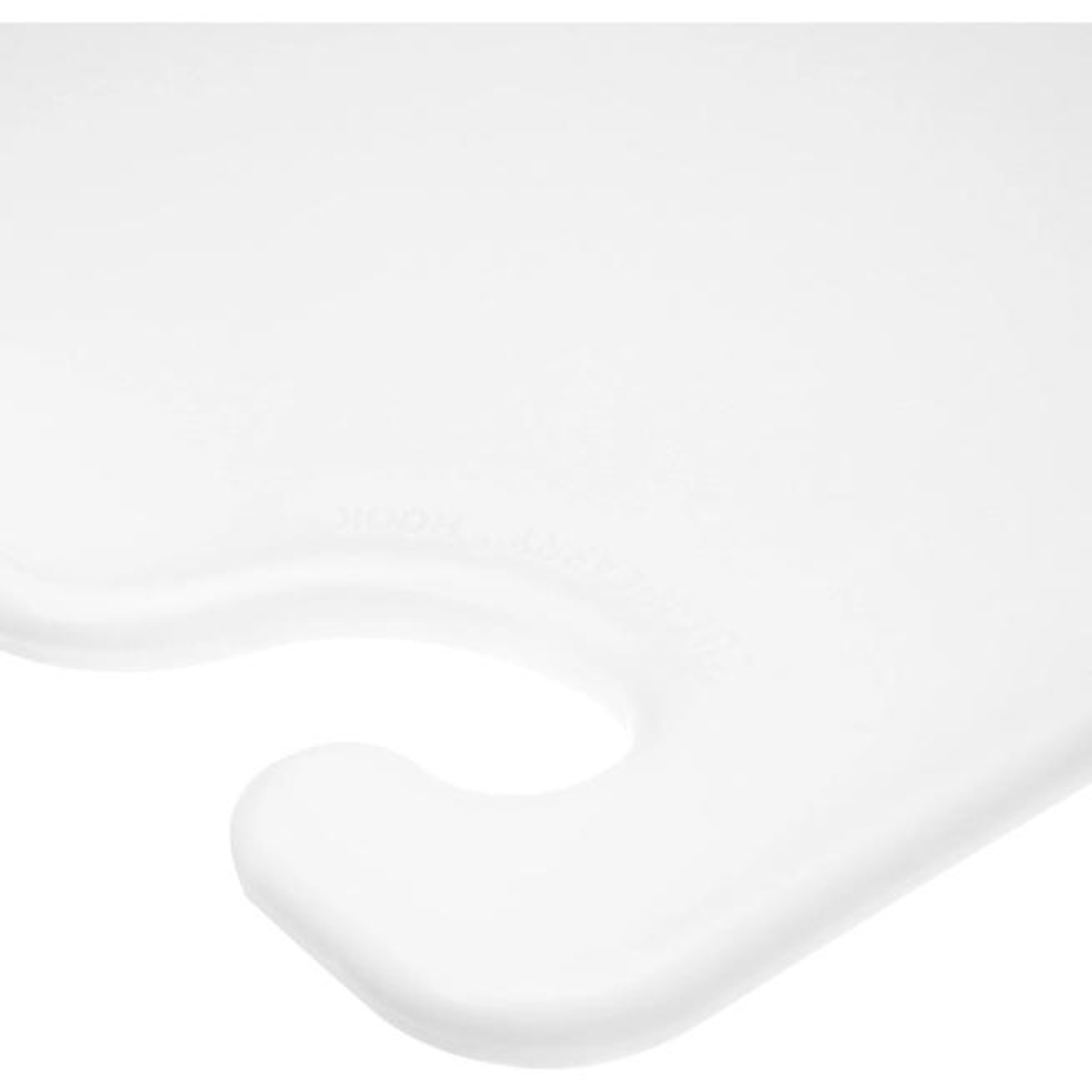 Close-up of the food safety hook on the San Jamar white cutting board