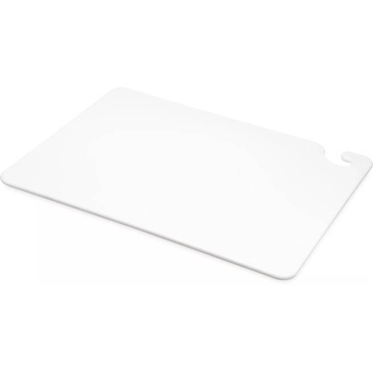 San Jamar white cutting board angled view showing food safety hook and smooth cutting surface