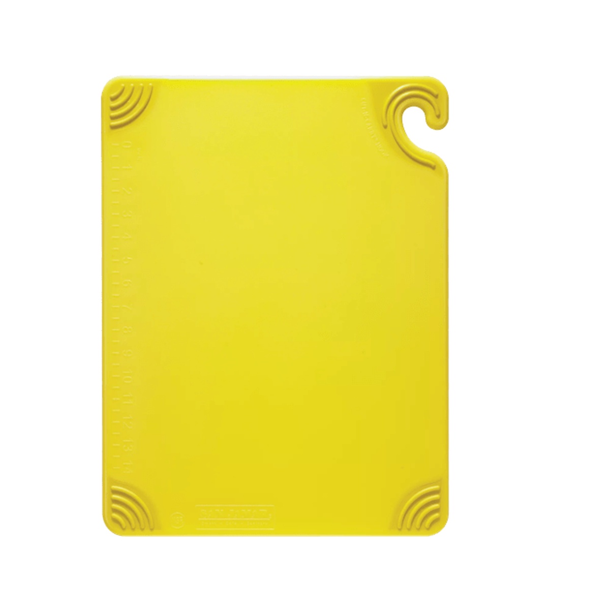 Front view of yellow San Jamar Saf-T-Grip cutting board showing molded-in ruler and all corner features