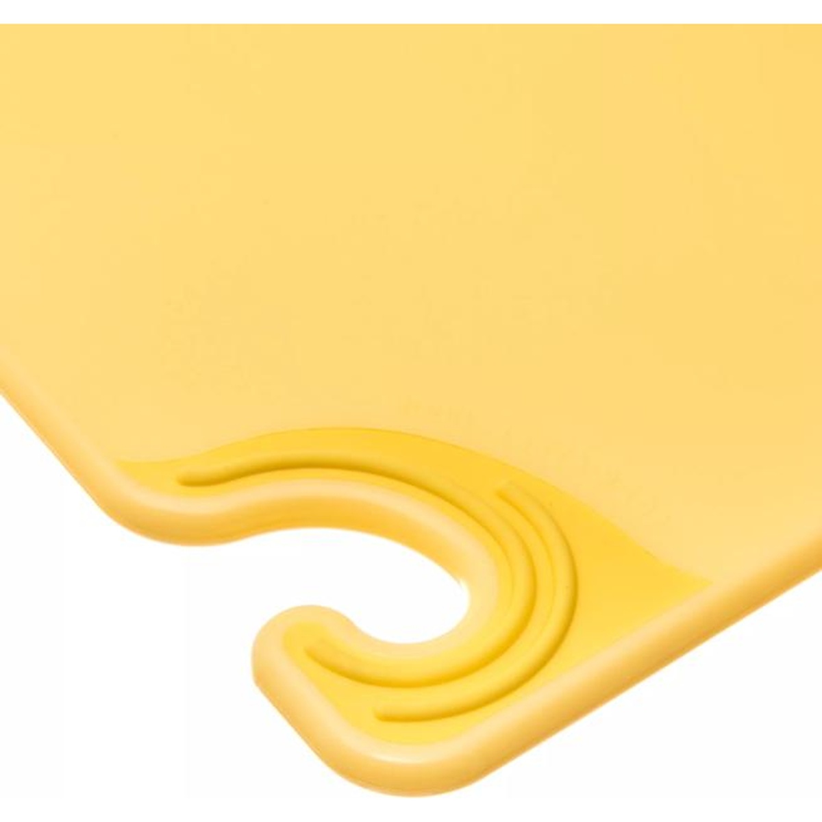 Close-up of the Saf-T-Grip food safety hook on yellow cutting board corner