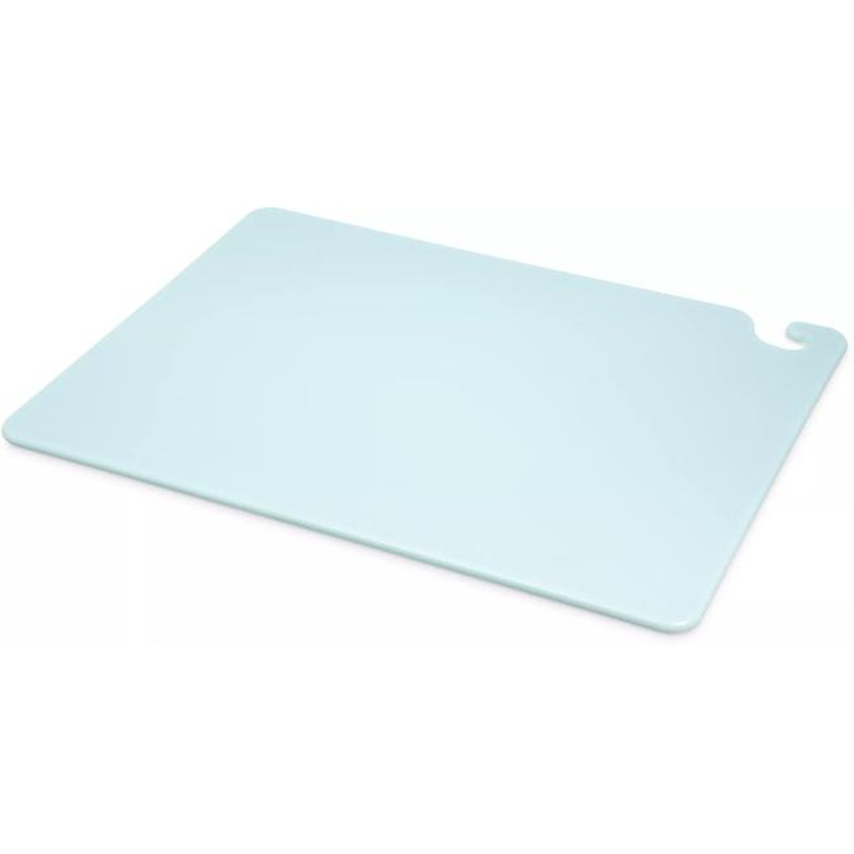 Saf-T-Grip blue cutting board shown at a three-quarter angle revealing the food safety hook and smooth surface